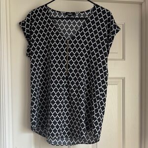 Express Black and White Polo Collar Blouse with Cap Sleeves